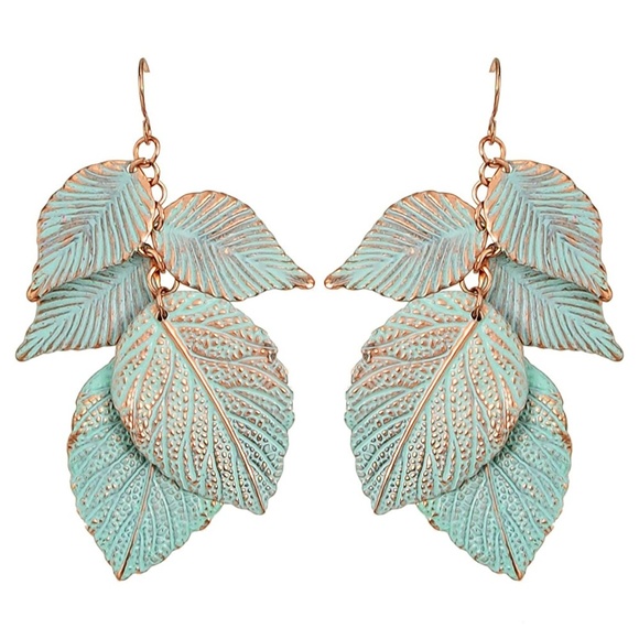 Jewelry - Faux Patina Leaf Drop Earrings NWOT